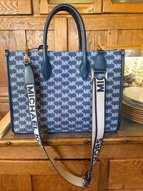 Michael Kors Navy and Cream MK Logo Messenger Bag with Branded Strap